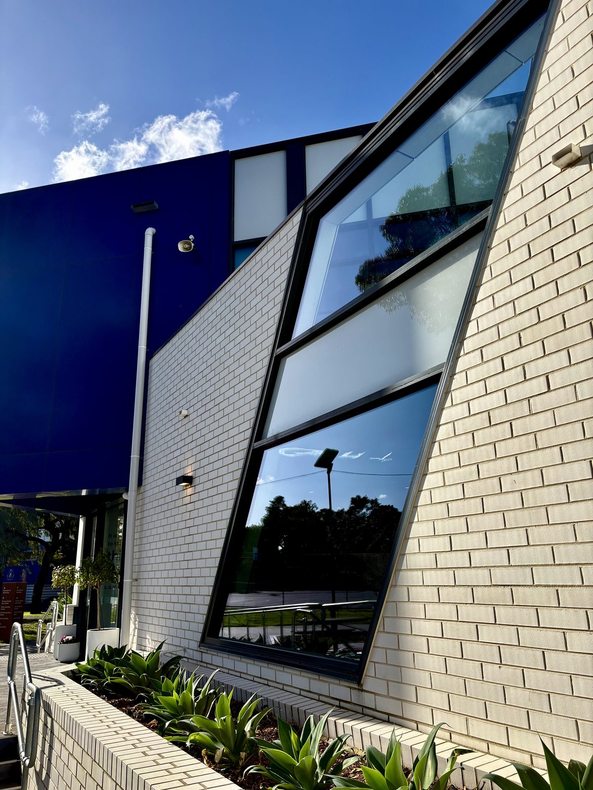 Angled commercial building glass facade